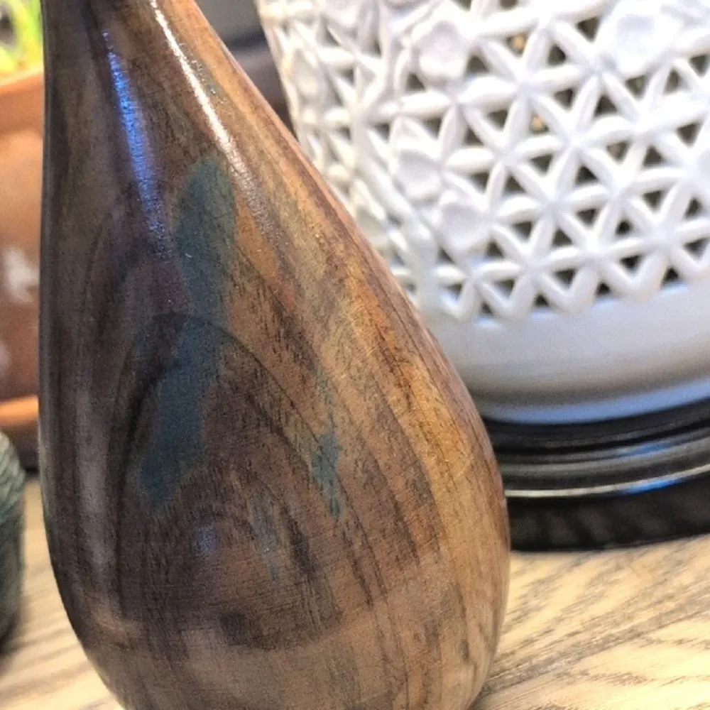 Hand Crafted Elegant Brown Wooden Vase With Green Accents